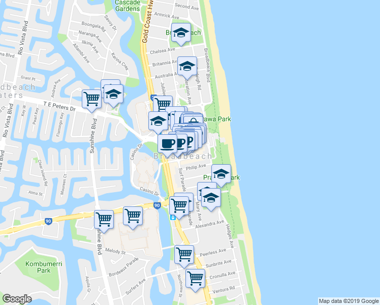 map of restaurants, bars, coffee shops, grocery stores, and more near Oracle Boulevard in Broadbeach