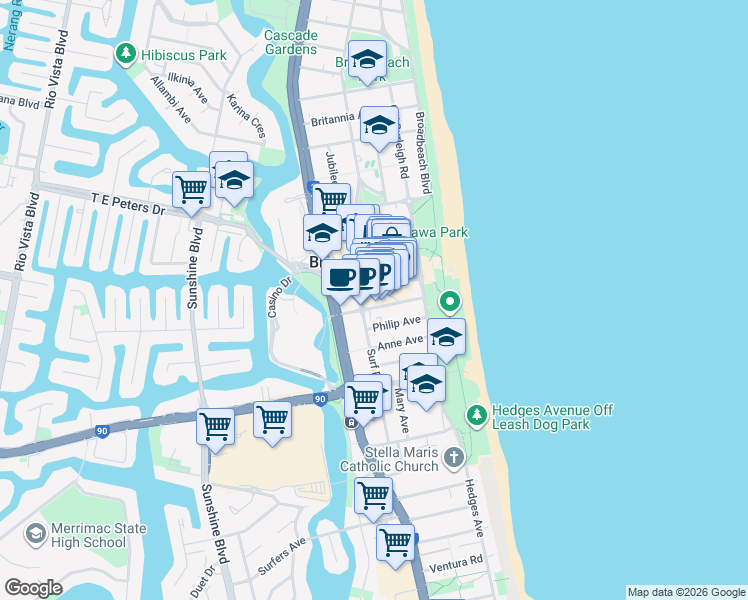 map of restaurants, bars, coffee shops, grocery stores, and more near 19 Elizabeth Avenue in Broadbeach