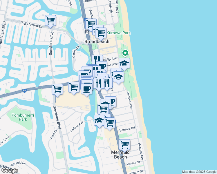 map of restaurants, bars, coffee shops, grocery stores, and more near 13 Surf Parade in Broadbeach