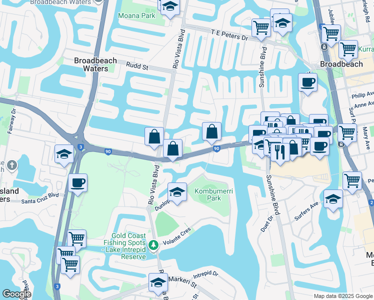 map of restaurants, bars, coffee shops, grocery stores, and more near in Broadbeach Waters