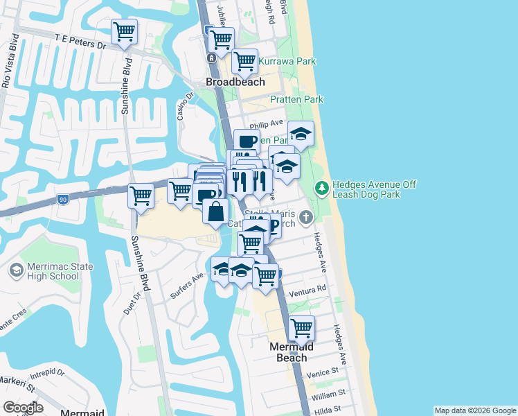 map of restaurants, bars, coffee shops, grocery stores, and more near 30 Alexandra Avenue in Broadbeach