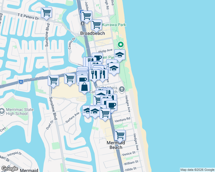 map of restaurants, bars, coffee shops, grocery stores, and more near 19 Mermaid Avenue in Mermaid Beach