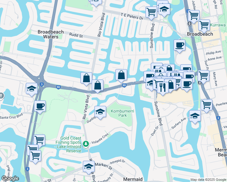 map of restaurants, bars, coffee shops, grocery stores, and more near 74 Hooker Boulevard in Mermaid Waters