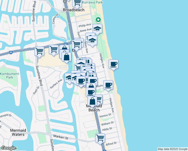 map of restaurants, bars, coffee shops, grocery stores, and more near 38 Sunbrite Avenue in Mermaid Beach