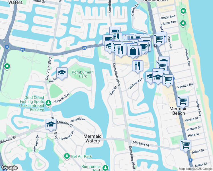 map of restaurants, bars, coffee shops, grocery stores, and more near 10 Aquila Court in Mermaid Waters