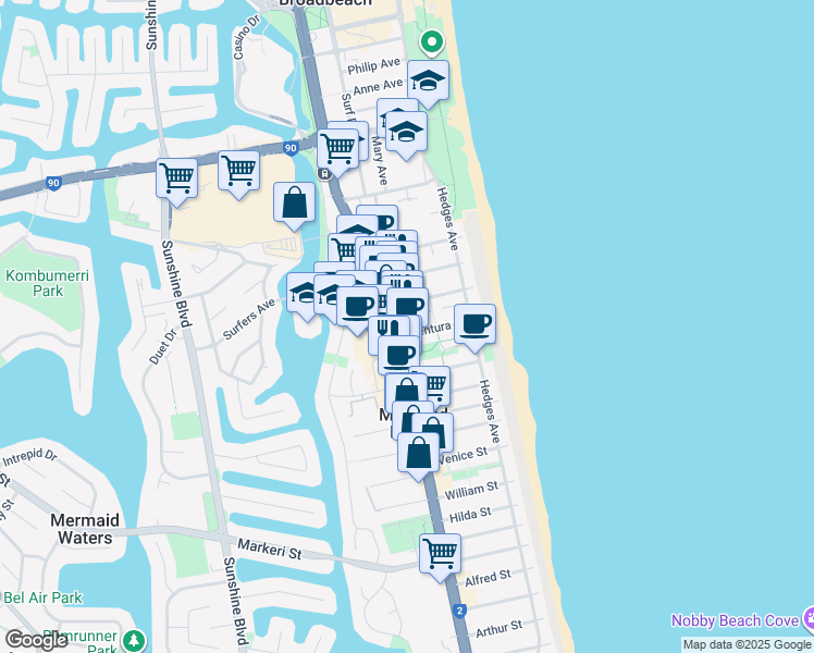 map of restaurants, bars, coffee shops, grocery stores, and more near 45 Ventura Road in Mermaid Beach