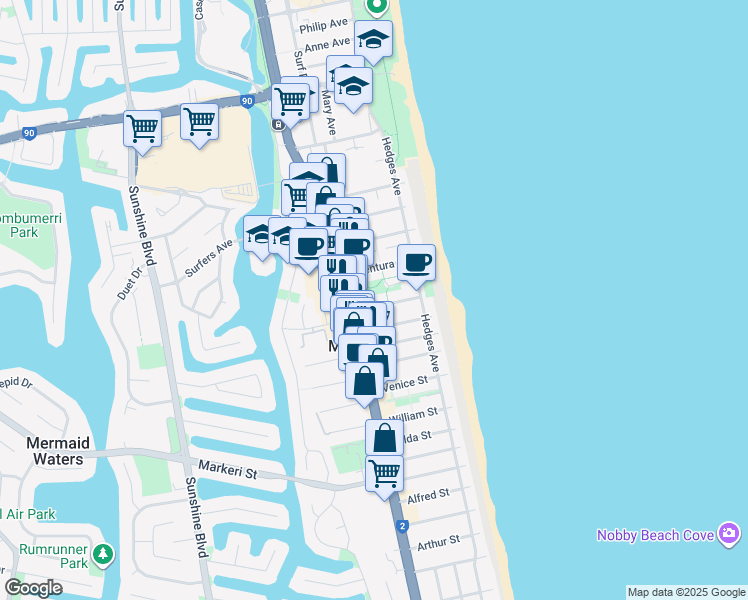map of restaurants, bars, coffee shops, grocery stores, and more near 35 Montana Road in Mermaid Beach