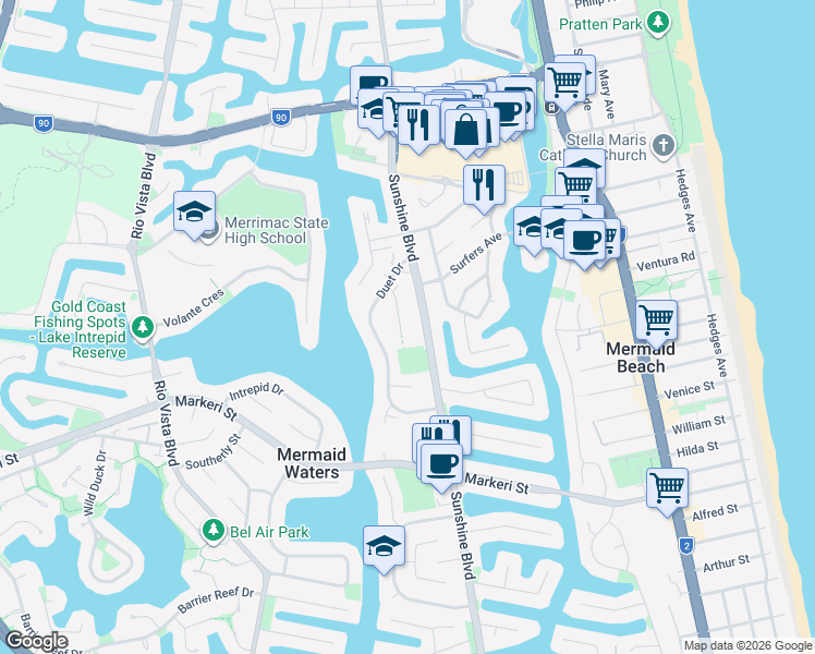 map of restaurants, bars, coffee shops, grocery stores, and more near 14 Christina Court in Mermaid Waters