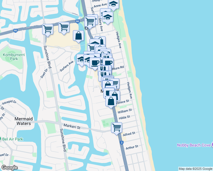 map of restaurants, bars, coffee shops, grocery stores, and more near 2500 Gold Coast Highway in Mermaid Beach