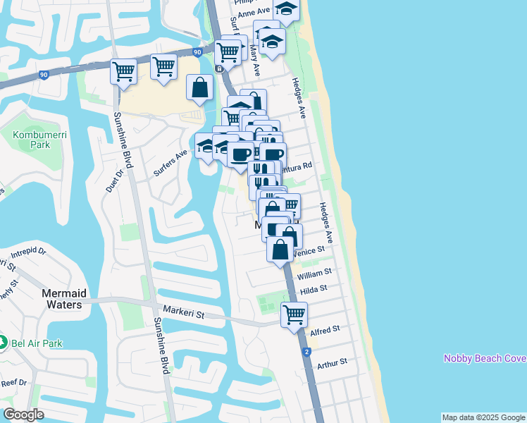 map of restaurants, bars, coffee shops, grocery stores, and more near 2500 Gold Coast Highway in Mermaid Beach