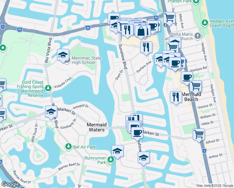 map of restaurants, bars, coffee shops, grocery stores, and more near Duet Drive in Mermaid Waters