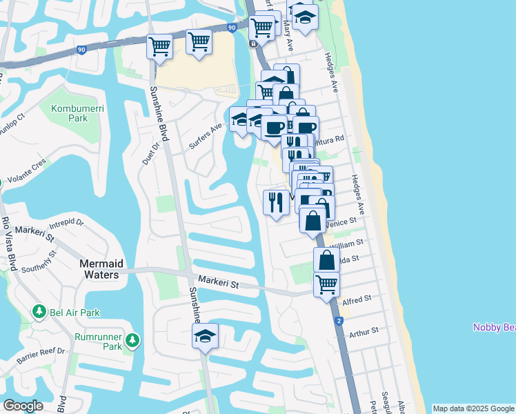 map of restaurants, bars, coffee shops, grocery stores, and more near 52 Avanti Street in Mermaid Waters