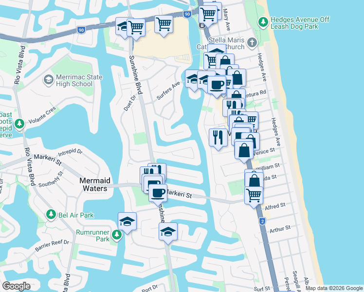 map of restaurants, bars, coffee shops, grocery stores, and more near 28 Gretel Drive in Mermaid Waters