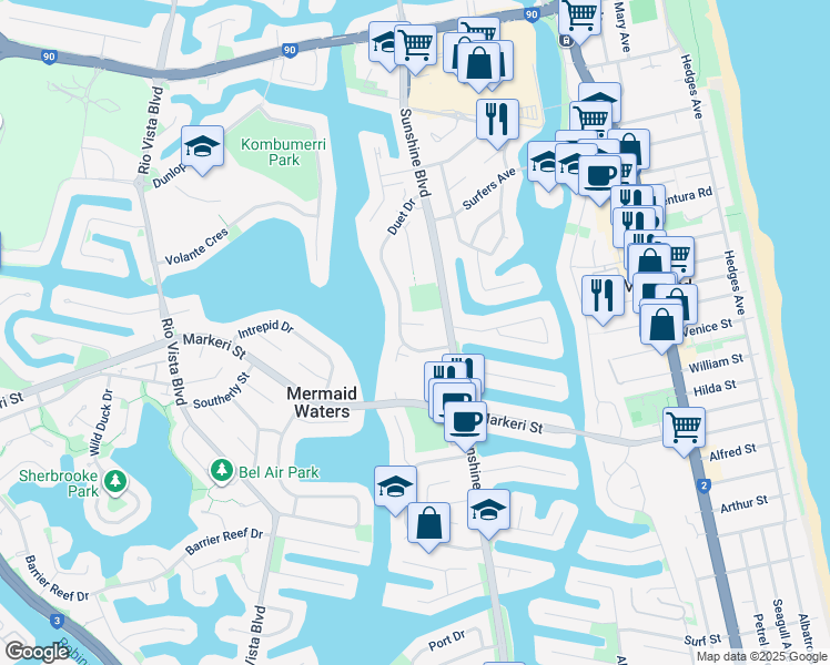 map of restaurants, bars, coffee shops, grocery stores, and more near 3 Angie Court in Mermaid Waters