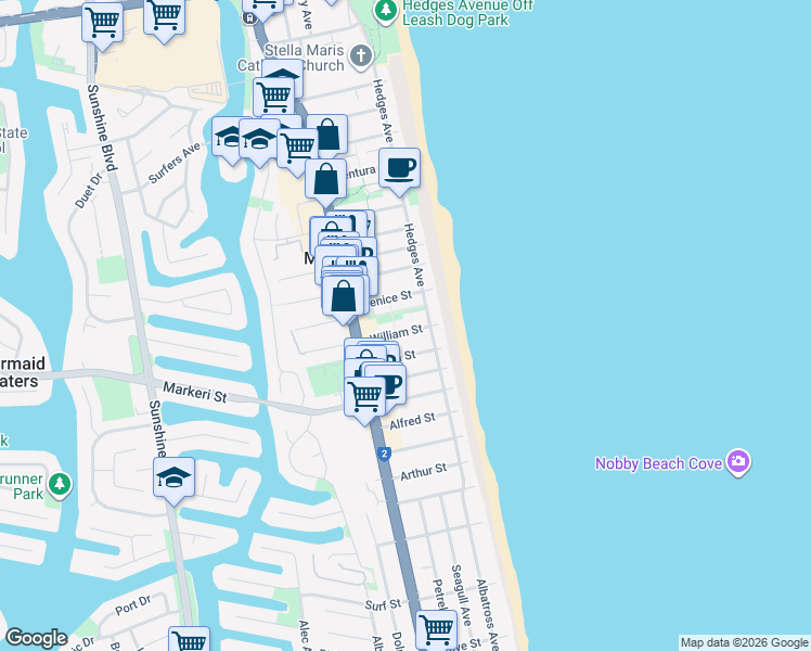 map of restaurants, bars, coffee shops, grocery stores, and more near 17 William Street in Mermaid Beach