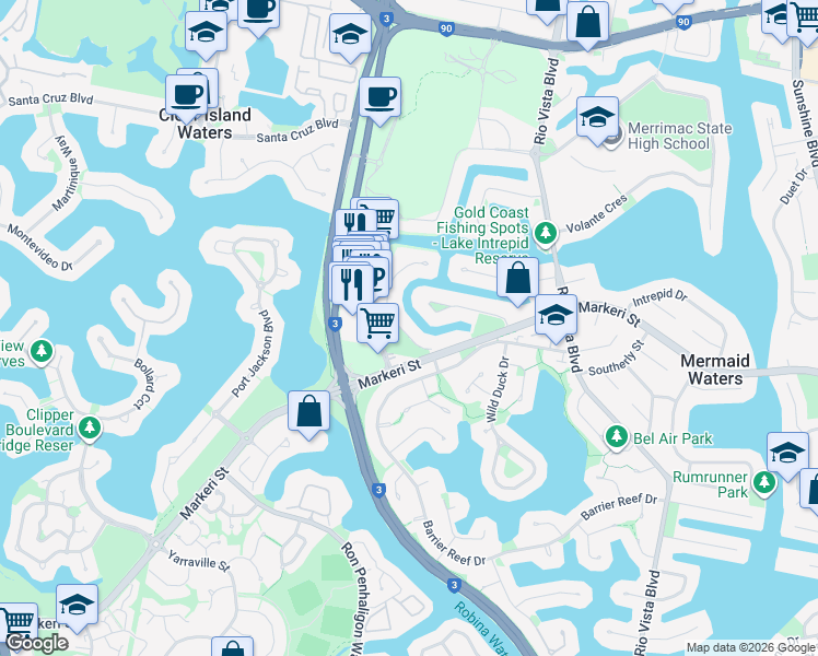 map of restaurants, bars, coffee shops, grocery stores, and more near 10 Wollundry Place in Mermaid Waters