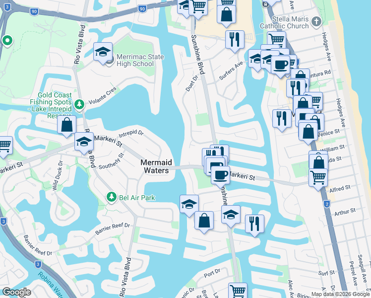 map of restaurants, bars, coffee shops, grocery stores, and more near 9 Jodie Court in Mermaid Waters