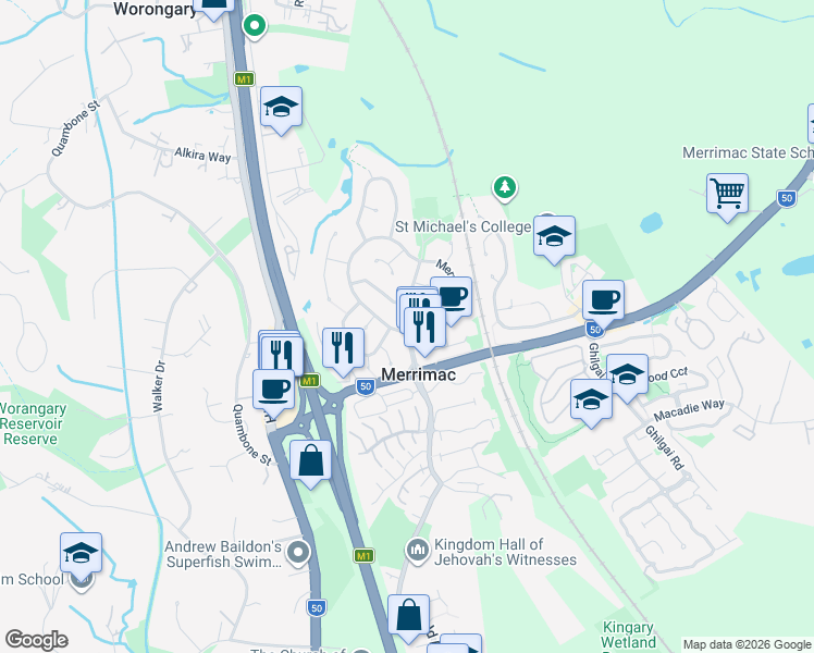 map of restaurants, bars, coffee shops, grocery stores, and more near 5 Merridown Drive in Merrimac