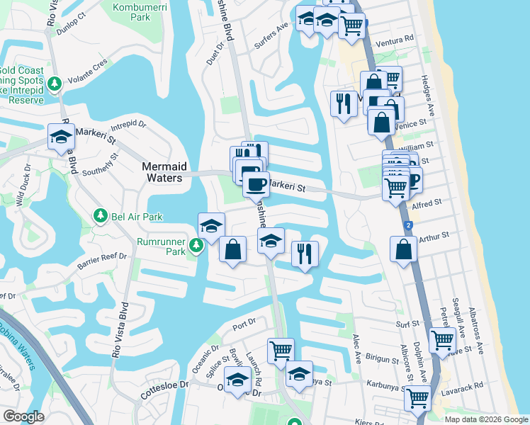 map of restaurants, bars, coffee shops, grocery stores, and more near 2 Weatherly Avenue in Mermaid Waters