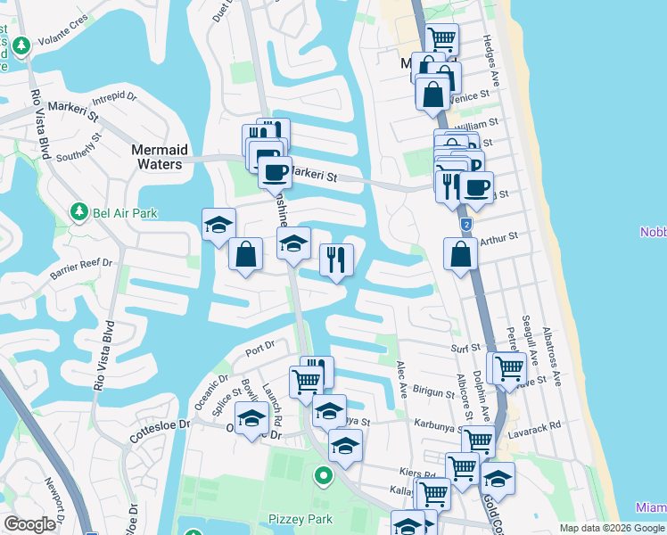 map of restaurants, bars, coffee shops, grocery stores, and more near 19 Cadence Avenue in Mermaid Waters