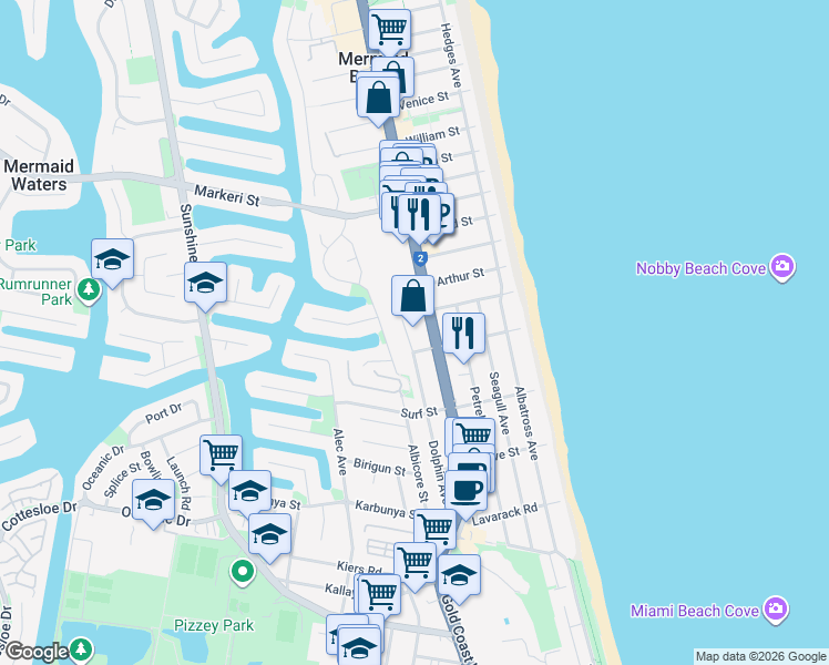 map of restaurants, bars, coffee shops, grocery stores, and more near 99 Dolphin Avenue in Mermaid Beach
