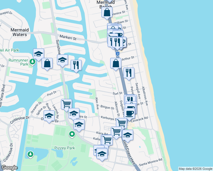 map of restaurants, bars, coffee shops, grocery stores, and more near 34 Albicore Street in Mermaid Waters