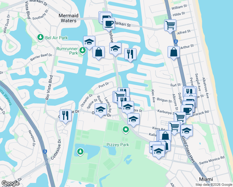 map of restaurants, bars, coffee shops, grocery stores, and more near 15 Hood Court in Mermaid Waters