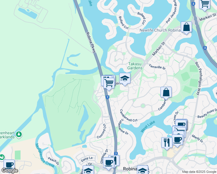 map of restaurants, bars, coffee shops, grocery stores, and more near 361 Robina Parkway in Robina