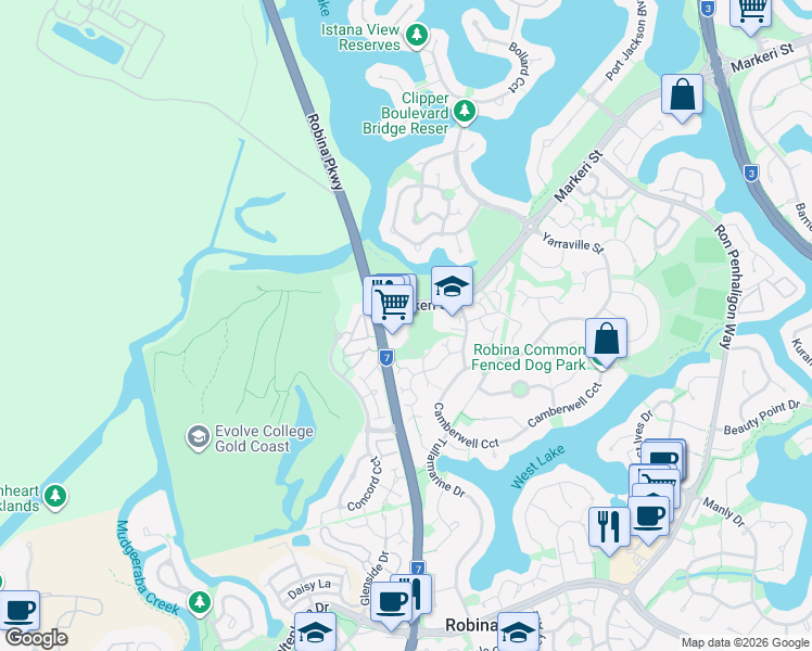 map of restaurants, bars, coffee shops, grocery stores, and more near 361 Robina Parkway in Robina