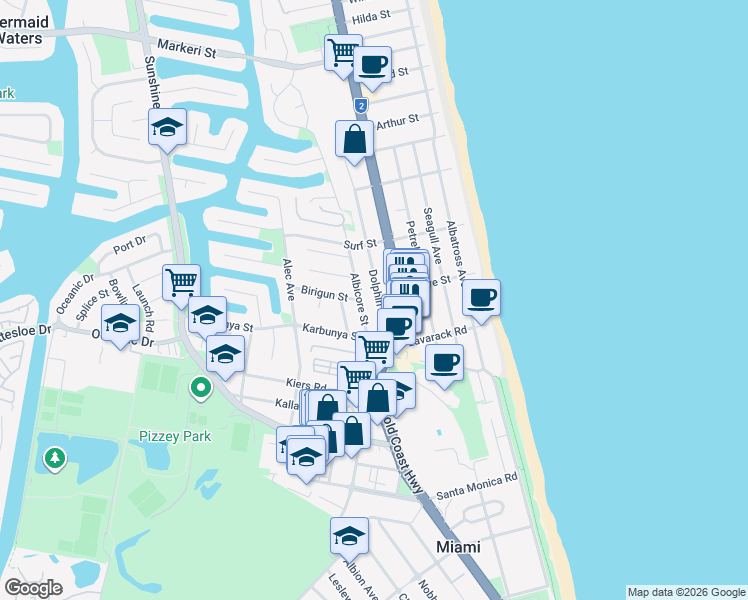map of restaurants, bars, coffee shops, grocery stores, and more near 26 Dolphin Avenue in Mermaid Beach
