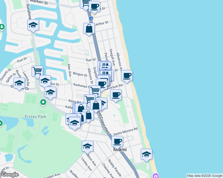 map of restaurants, bars, coffee shops, grocery stores, and more near 16 Lavarack Road in Mermaid Beach