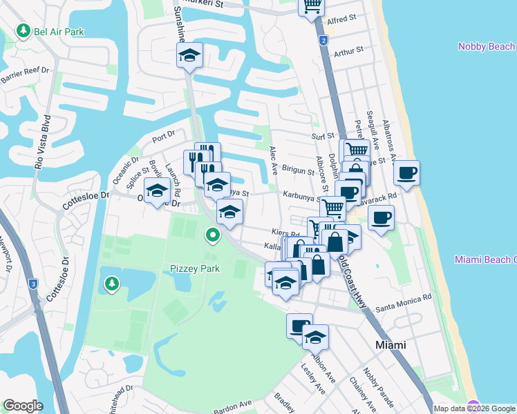map of restaurants, bars, coffee shops, grocery stores, and more near 5 Binnacle Court in Mermaid Waters