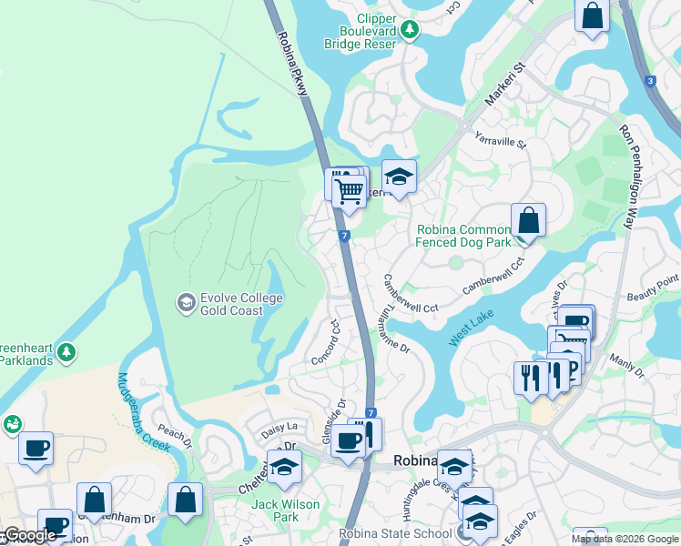map of restaurants, bars, coffee shops, grocery stores, and more near 15 Hillsborough Close in Robina