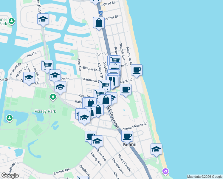map of restaurants, bars, coffee shops, grocery stores, and more near 28 Chairlift Avenue in Nobby Beach
