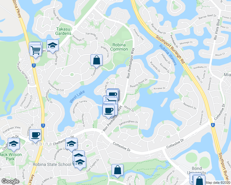 map of restaurants, bars, coffee shops, grocery stores, and more near 11 Carlingford Place in Robina