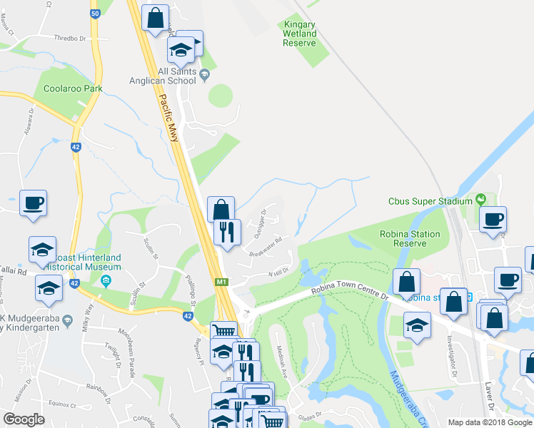 map of restaurants, bars, coffee shops, grocery stores, and more near 2 Hancox Place in Robina