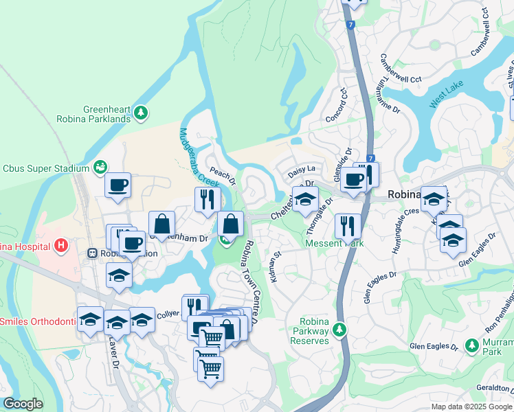 map of restaurants, bars, coffee shops, grocery stores, and more near 9 Cedarwood Crescent in Robina