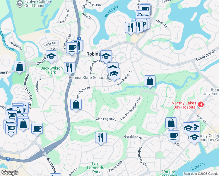 map of restaurants, bars, coffee shops, grocery stores, and more near 46 Glen Eagles Drive in Robina