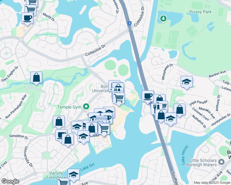 map of restaurants, bars, coffee shops, grocery stores, and more near 14 University Drive in Robina