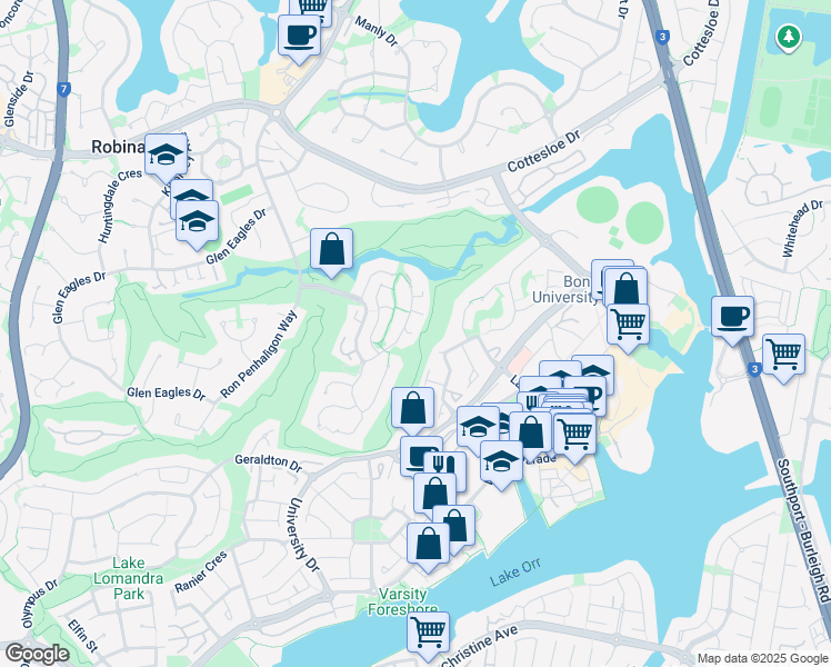 map of restaurants, bars, coffee shops, grocery stores, and more near 13 Andromeda Parade in Robina