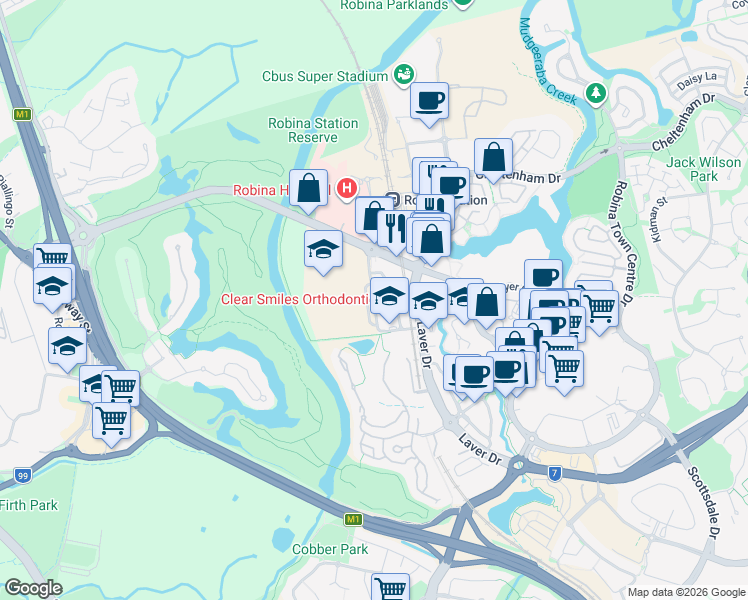 map of restaurants, bars, coffee shops, grocery stores, and more near Investigator Drive in Robina