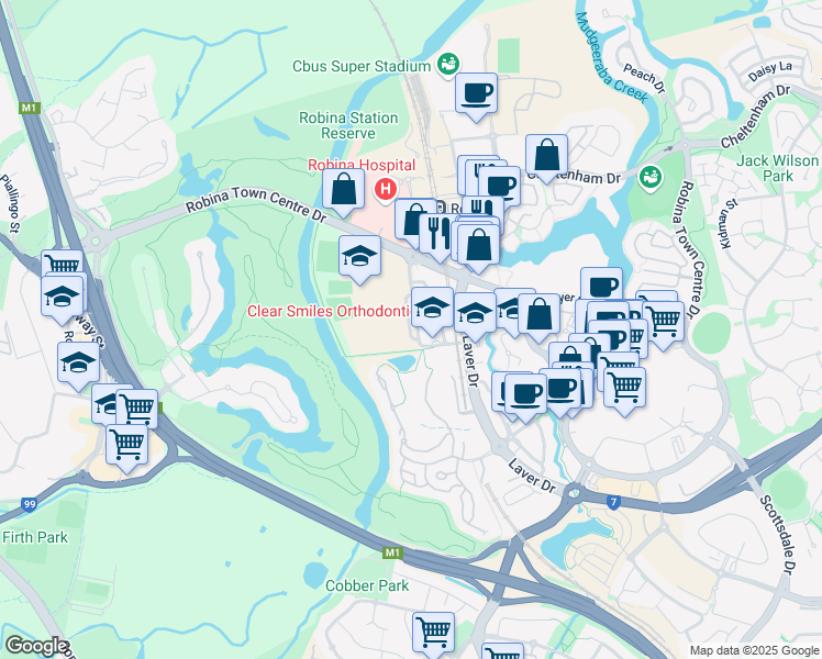 map of restaurants, bars, coffee shops, grocery stores, and more near Investigator Drive in Robina