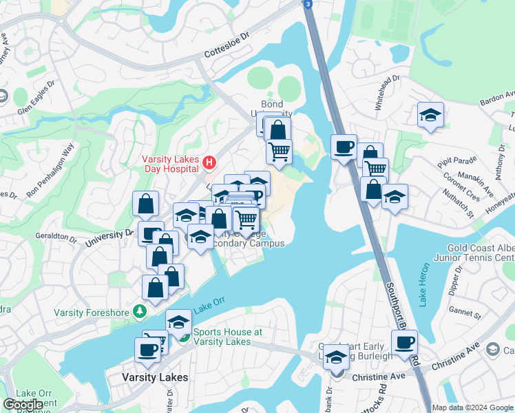map of restaurants, bars, coffee shops, grocery stores, and more near 246 Varsity Parade in Varsity Lakes