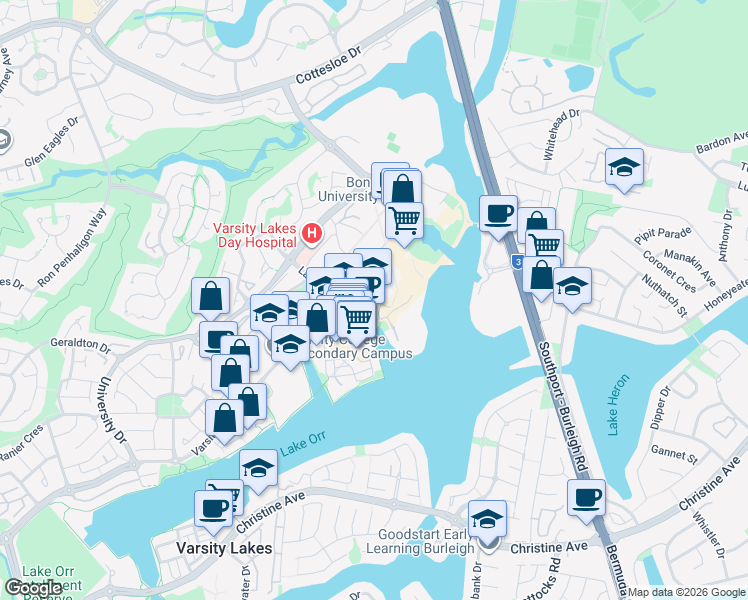map of restaurants, bars, coffee shops, grocery stores, and more near 246 Varsity Parade in Varsity Lakes