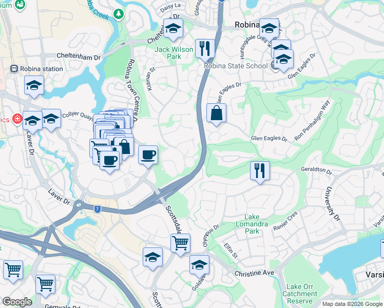 map of restaurants, bars, coffee shops, grocery stores, and more near 4 Unley Place in Robina