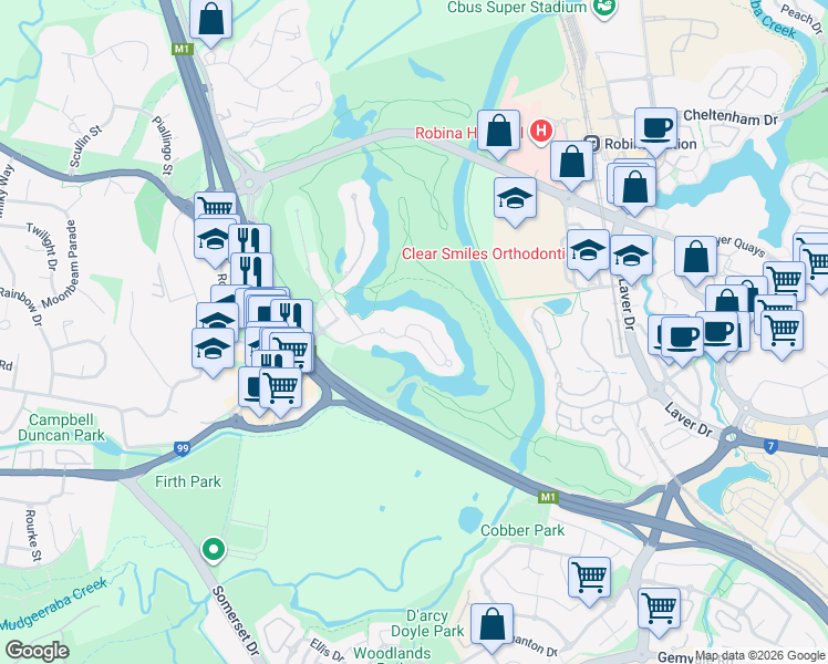 map of restaurants, bars, coffee shops, grocery stores, and more near 737 Peninsula Drive in Robina