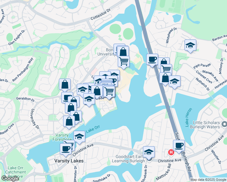 map of restaurants, bars, coffee shops, grocery stores, and more near 240 Varsity Parade in Varsity Lakes
