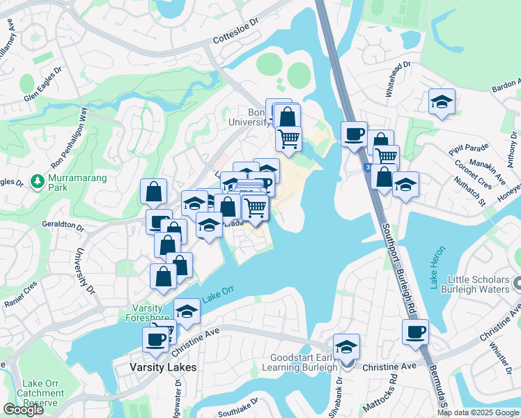 map of restaurants, bars, coffee shops, grocery stores, and more near 240 Varsity Parade in Varsity Lakes