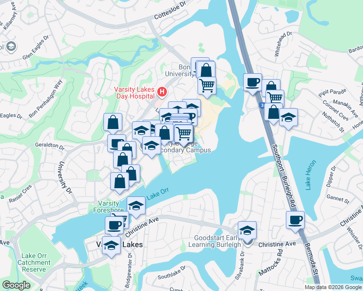 map of restaurants, bars, coffee shops, grocery stores, and more near 201 Varsity Parade in Varsity Lakes
