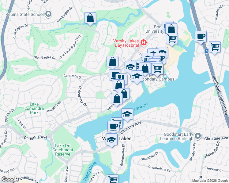 map of restaurants, bars, coffee shops, grocery stores, and more near 12 Bellvue Drive in Varsity Lakes
